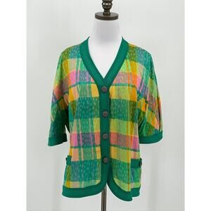 Liola Green Plaid V Neck Short Sleeve Cardigan Top Sz 18 Made in Italy